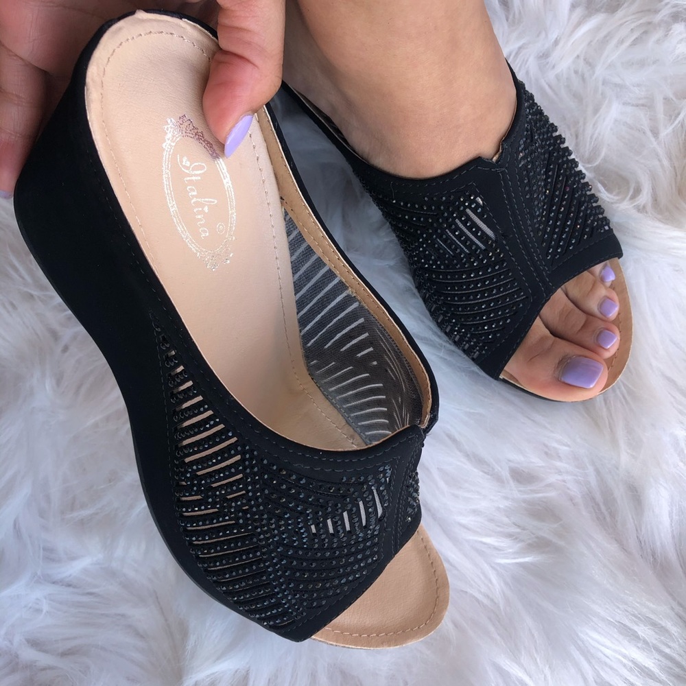 Size 6! Italina Black Rhinestone Embellished Wedge Platform Heeled Mule Sandal